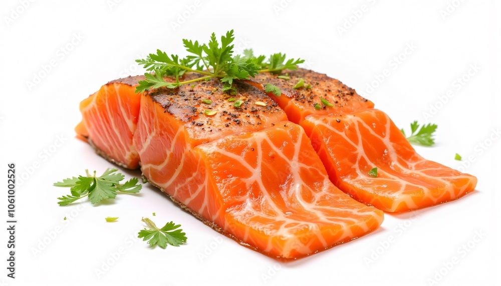 Fresh Raw Salmon Fillets with Herbs on White Background Fresh Raw Salmon Fillets with Herbs on White Background