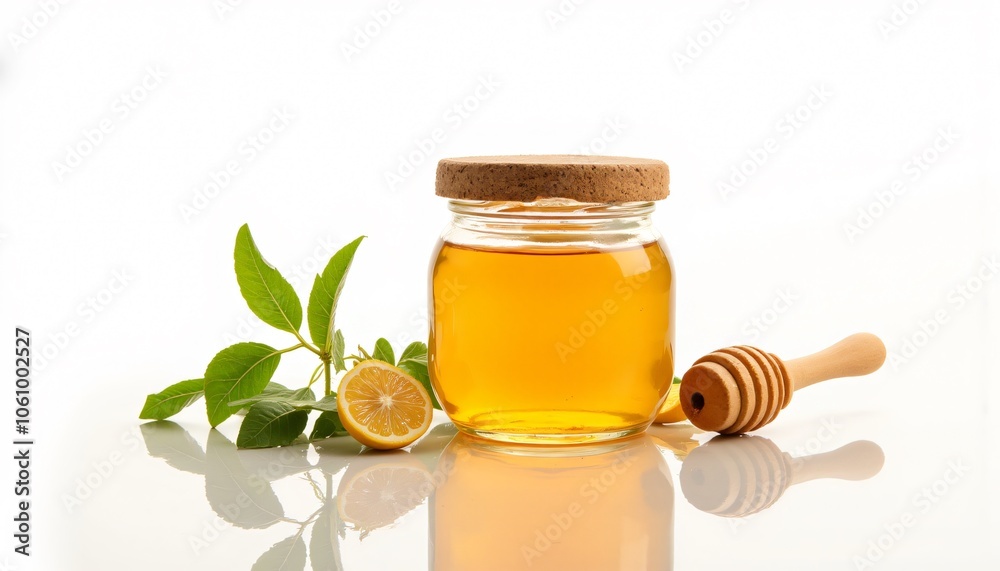 Natural Honey Jar with Wooden Dipper and Fresh Citrus on White Background Natural Honey Jar with Wooden Dipper and Fresh Citrus on White Background