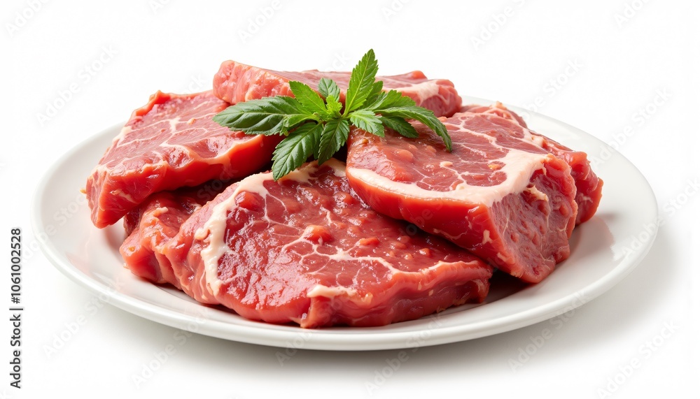Raw Marbled Beef Steaks with Fresh Herbs on White Plate Raw Marbled Beef Steaks with Fresh Herbs on White Plate
