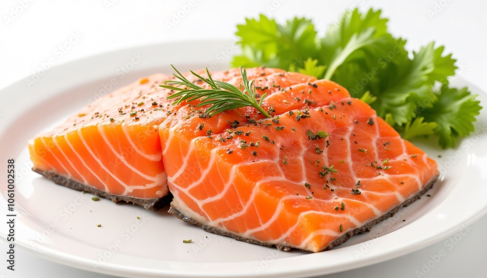 Seasoned Salmon Fillets with Fresh Herbs on White Plate Seasoned Salmon Fillets with Fresh Herbs on White Plate