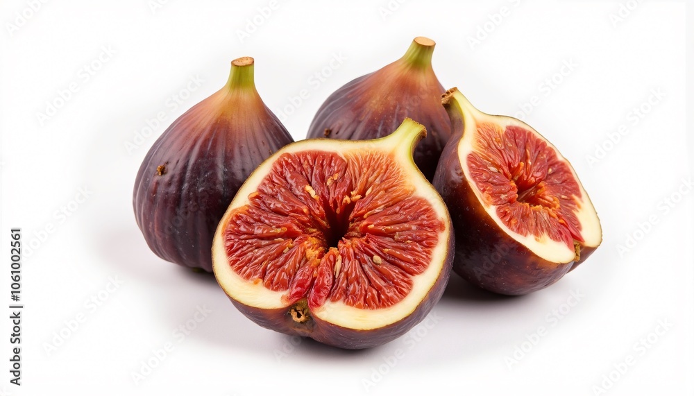 Fresh ripe figs whole and halved showing vibrant red flesh against white background Fresh ripe figs whole and halved showing vibrant red flesh against white background