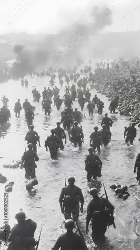 In 1942, U.S. troops landing on the breakwater of the Central Pacific, braving waves and chaos, marking a pivotal moment in the World War II island campaigns