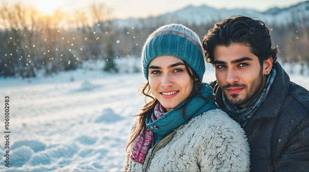happy young couple enjoying snow at mountains, winter vacation, romance and lifestyle, people background