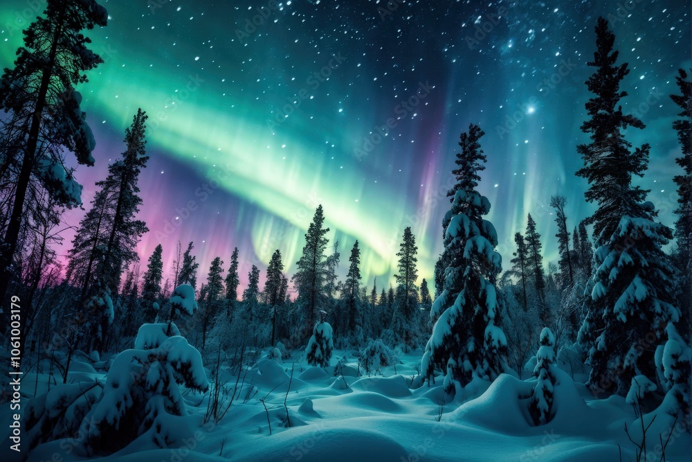 Naklejka premium Snowy forest under a vivid display of northern lights, with colorful greens and purples lighting up the winter night sky. Generative AI