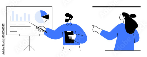 A man pointing to a chart on a screen and holding a clipboard, while a woman points and discusses. Ideal for business meetings, data analysis, teamwork, presentations, and corporate training. Modern