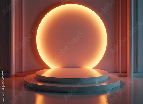 A pastel circular podium with vibrant pink, red and peach gradient tones,illuminated by soft,diffused light. Clean, modern aesthetic, vibrant colors, and minimalistic design, scene for products.