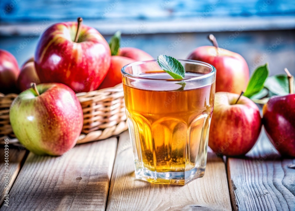 Apple juice drink with fresh red apples, wooden background.
