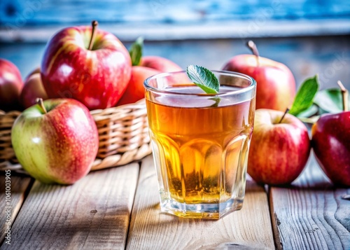 Apple juice drink with fresh red apples, wooden background.