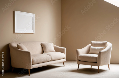 Minimalist, japandi style interior design of modern living room. Boucle sofa and accent armchair against beige wall with frame photo