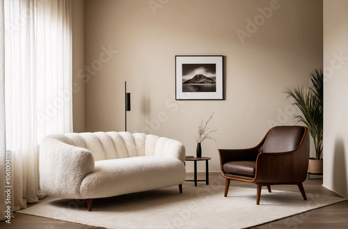 Minimalist, japandi style interior design of modern living room. Boucle sofa and accent armchair against beige wall with frame photo