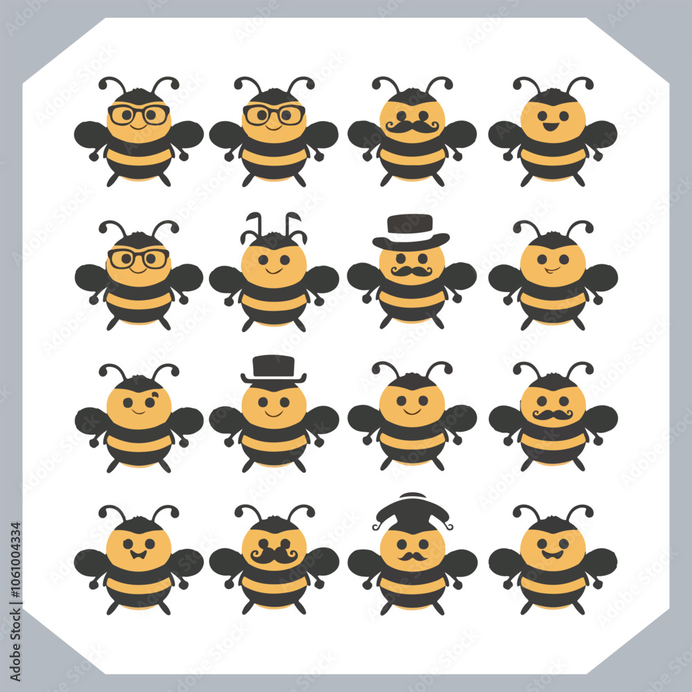 Obraz premium Bee simple logotype icon, Bee silhouette set collection, hand drawn Bee on white background