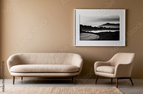 Minimalist, japandi style interior design of modern living room. Boucle sofa and accent armchair against beige wall with frame photo