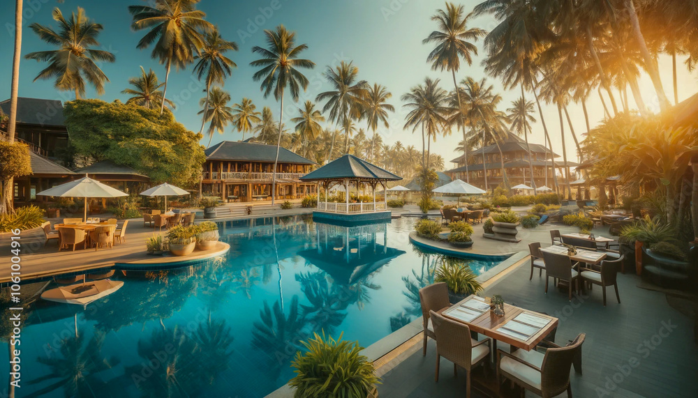 Fototapeta premium Serenity washes over a poolside paradise framed by lush palms and sleek design.