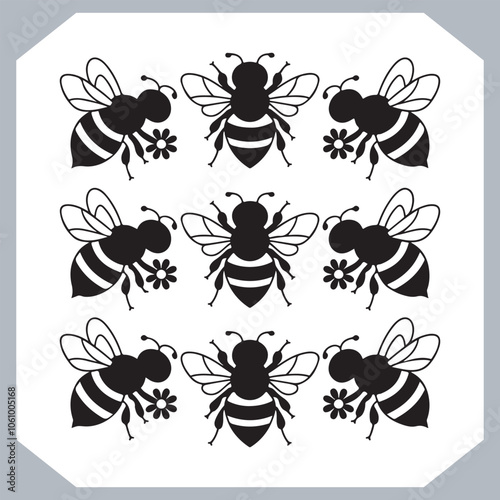 Bee simple logotype icon, Bee silhouette set collection, hand drawn Bee on white background photo