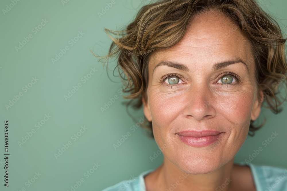Portrait of a Middle-Aged Woman with a Warm Smile on a Soft Pastel Green Background Portrait of a Middle-Aged Woman with a Warm Smile on a Soft Pastel Green Background