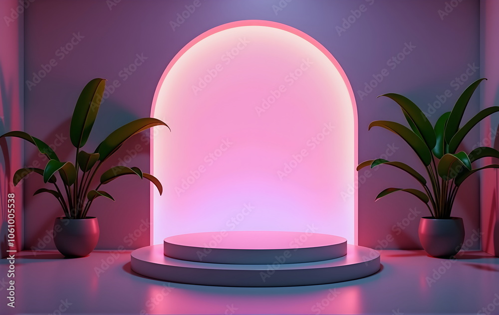 A sleek podium with a sunset gradient background, vibrant pink, orange, and purple hues, tropical plants in the corners, soft lighting, 80s retro aesthetic, luxurious and modern, scene for products. A sleek podium with a sunset gradient background, vibrant pink, orange, and purple hues, tropical plants in the corners, soft lighting, 80s retro aesthetic, luxurious and modern, scene for products.