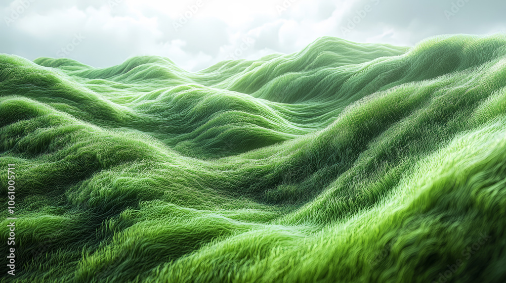 A hyper-detailed, high-contrast 3D rendering of abstract grass waves in green and gray tones. Generative AI A hyper-detailed, high-contrast 3D rendering of abstract grass waves in green and gray tones. Generative AI