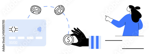 A person points towards a credit card and coins, symbolizing financial management. Ideal for financial services, digital currency, cashless transactions, online banking, budgeting. Minimalist vector