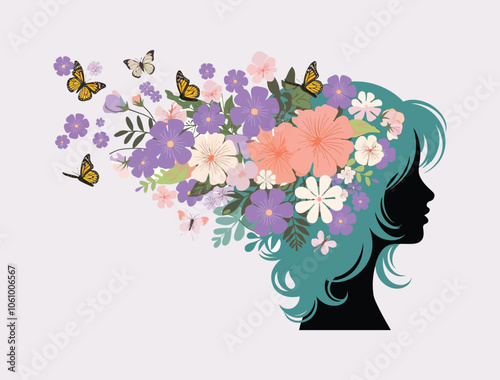 Vector illustration of a girl silhouette with flowers and butterflies on a white background.
