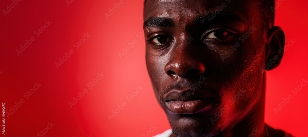 Determined Young Man's Focused Portrait on Bold Red Background for Business and Motivation Themes Determined Young Man's Focused Portrait on Bold Red Background for Business and Motivation Themes