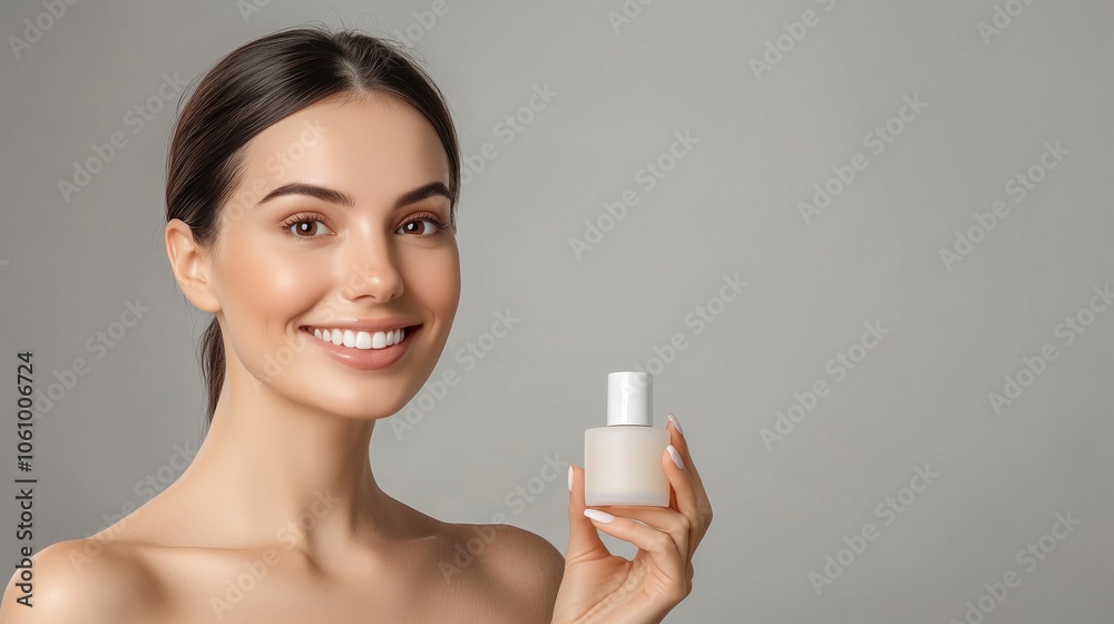 A cheerful woman is happily holding a bottle of lotion in her hand A cheerful woman is happily holding a bottle of lotion in her hand