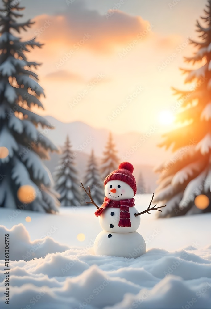 Obraz premium A snowman with a red hat and scarf stands in a snowy forest at sunset.