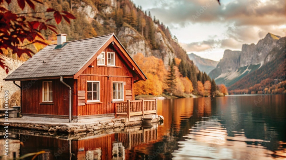 Fototapeta premium A small wooden house near river, a wonderful landscape