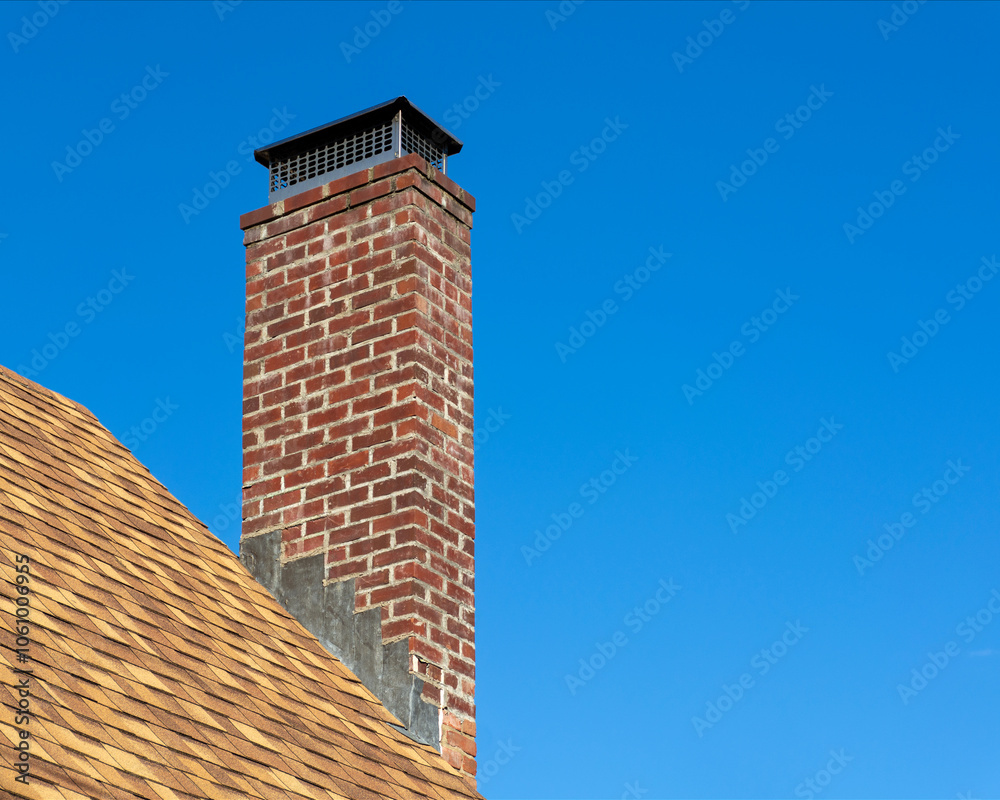 Brick chimney on a sloped roof against blue sky in Brighton, Massachusetts, USA Brick chimney on a sloped roof against blue sky in Brighton, Massachusetts, USA