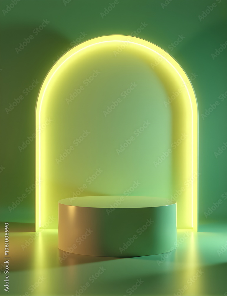 A pastel circular podium with vibrant yellow and green gradient tones,illuminated by soft,diffused light. Clean, modern aesthetic, vibrant colors, and minimalistic design, scene for products. A pastel circular podium with vibrant yellow and green gradient tones,illuminated by soft,diffused light. Clean, modern aesthetic, vibrant colors, and minimalistic design, scene for products.
