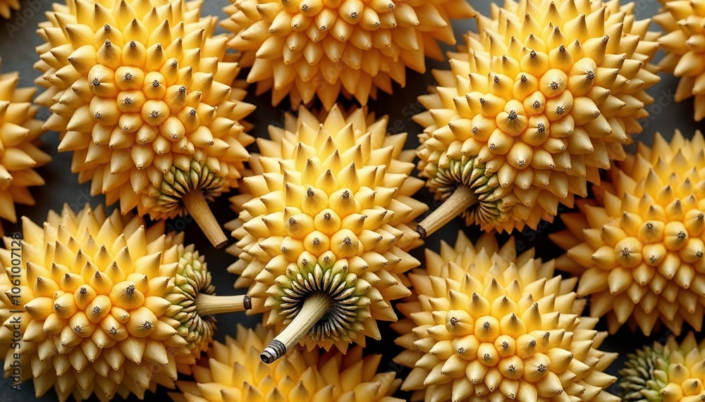 Exotic durian fruits with spikes arranged in an appealing display Exotic durian fruits with spikes arranged in an appealing display