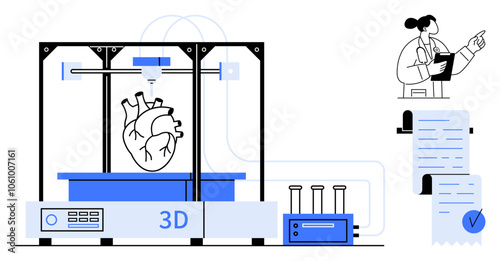 3D printer creating a human heart. Researcher in lab coat with clipboard observes. Ideal for medical innovation, biotechnology advancements, healthcare technology, scientific research, and future