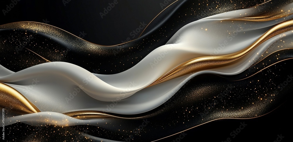 Background with waves, black gold and white ribbons on a black surface. Background with waves, black gold and white ribbons on a black surface.