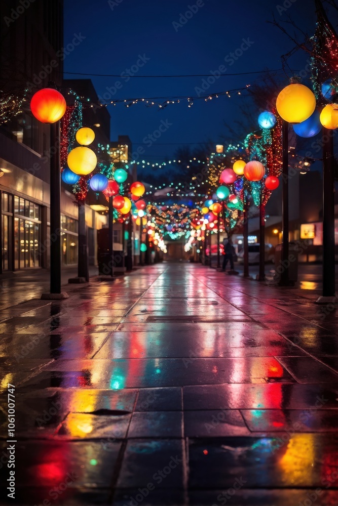 Fototapeta premium Festive holiday street decorated with colorful orbs and lights, reflecting vibrantly on a wet pavement at night. Generative AI