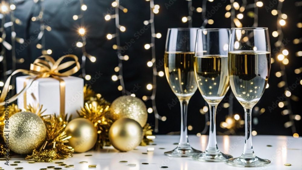 New Year and Christmas, a box with gifts and glasses of champagne New Year and Christmas, a box with gifts and glasses of champagne