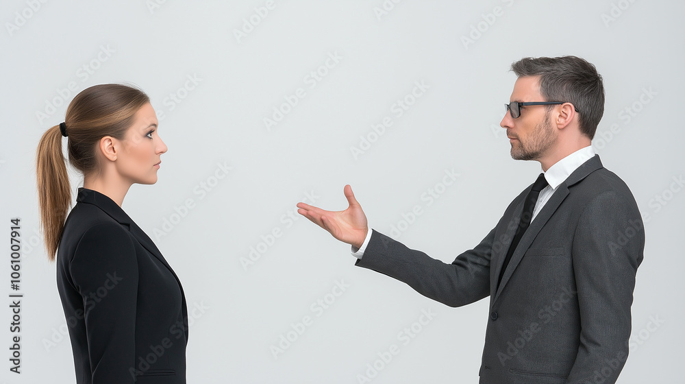 Serious business professionals in a disagreement, facing each other, formal suits, discussing issues, concept of conflict and negotiation in the workplace Serious business professionals in a disagreement, facing each other, formal suits, discussing issues, concept of conflict and negotiation in the workplace