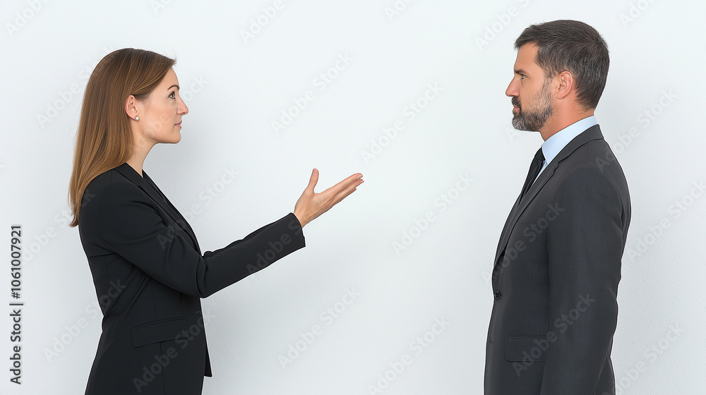 Serious business professionals in a disagreement, facing each other, formal suits, discussing issues, concept of conflict and negotiation in the workplace Serious business professionals in a disagreement, facing each other, formal suits, discussing issues, concept of conflict and negotiation in the workplace