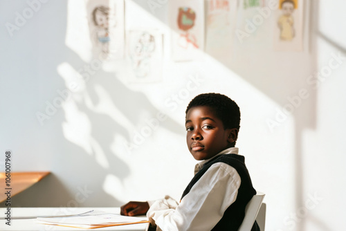 A young black boy in a white shirt and vest sits at a desk, concentrating on his schoolwork. Sunlight streams through the window, illuminating his thoughtful expression. refugee integration