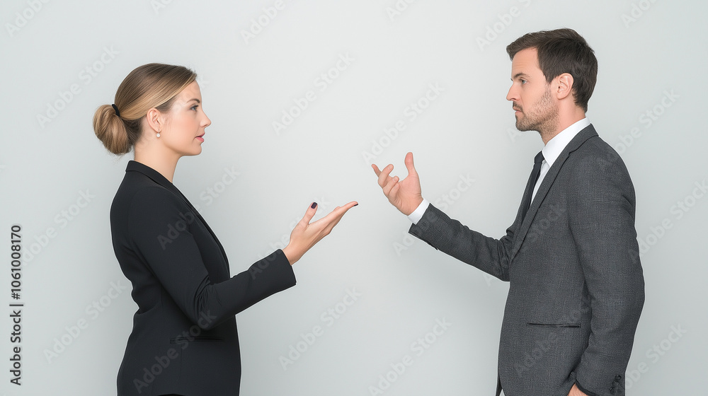 Serious business professionals in a disagreement, facing each other, formal suits, discussing issues, concept of conflict and negotiation in the workplace Serious business professionals in a disagreement, facing each other, formal suits, discussing issues, concept of conflict and negotiation in the workplace