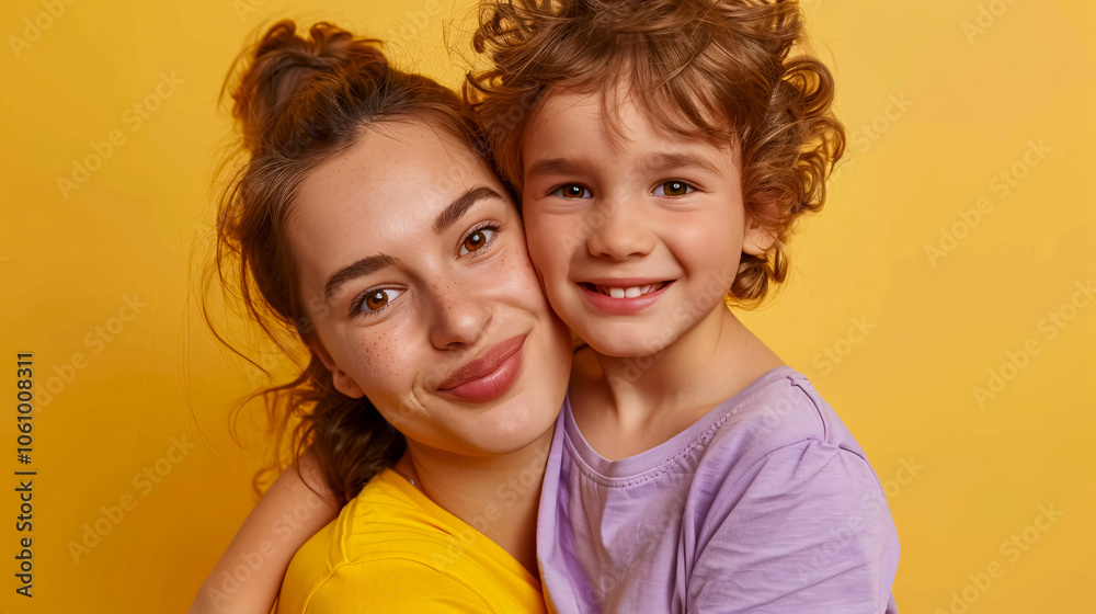 Happy Young Woman Having Fun with Cute Child Baby Boy (5-7 Years Old) in Violet T-Shirt: Mommy and Little Kid Son Posing Together in Studio on Yellow Background Happy Young Woman Having Fun with Cute Child Baby Boy (5-7 Years Old) in Violet T-Shirt: Mommy and Little Kid Son Posing Together in Studio on Yellow Background