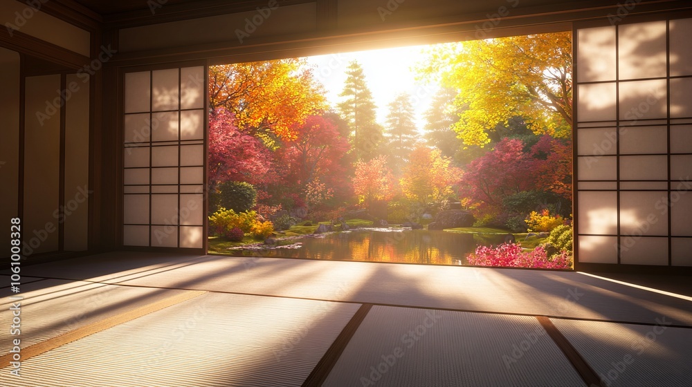 Japanese Tatami Room Overlooking Autumn Garden with Colorful Trees and Pond. AI generated illustration Japanese Tatami Room Overlooking Autumn Garden with Colorful Trees and Pond. AI generated illustration