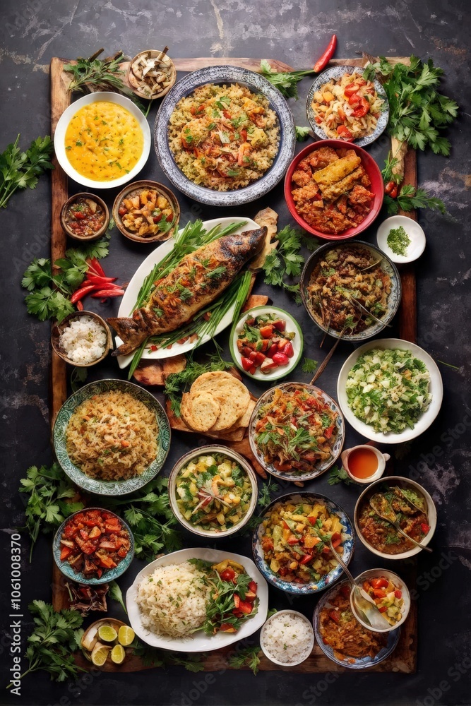 Top view of a festive spread of international cuisine, with a colorful assortment of dishes celebrating global flavors. Generative AI Top view of a festive spread of international cuisine, with a colorful assortment of dishes celebrating global flavors. Generative AI
