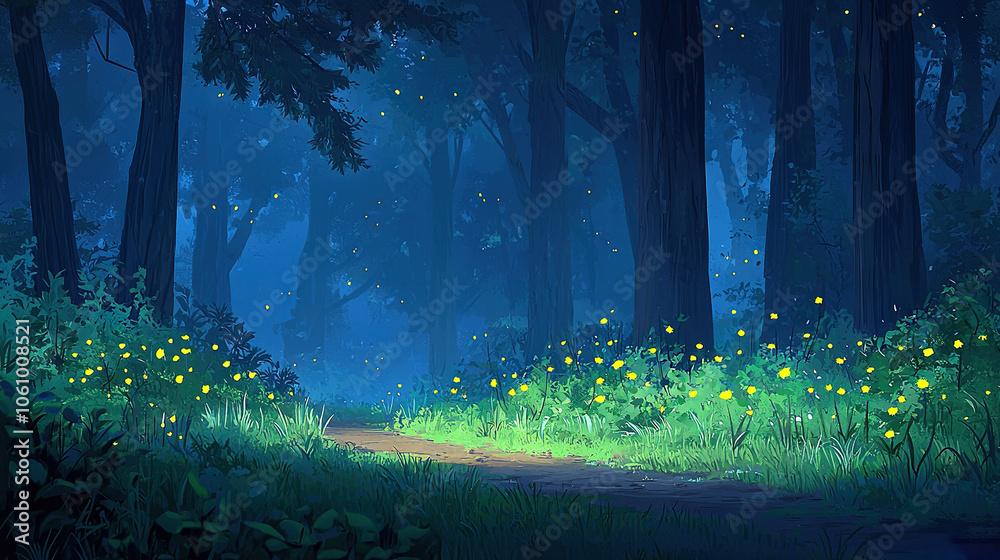 A pathway in a dense dark forest, surrounded by a sea of yellow flowers, set against towering trees A pathway in a dense dark forest, surrounded by a sea of yellow flowers, set against towering trees