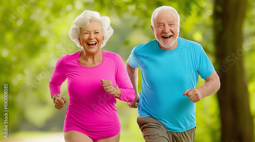 Happy senior couple jogging together outdoors in bright sportswear, concept of active lifestyle, fitness, and healthy aging with positive energy