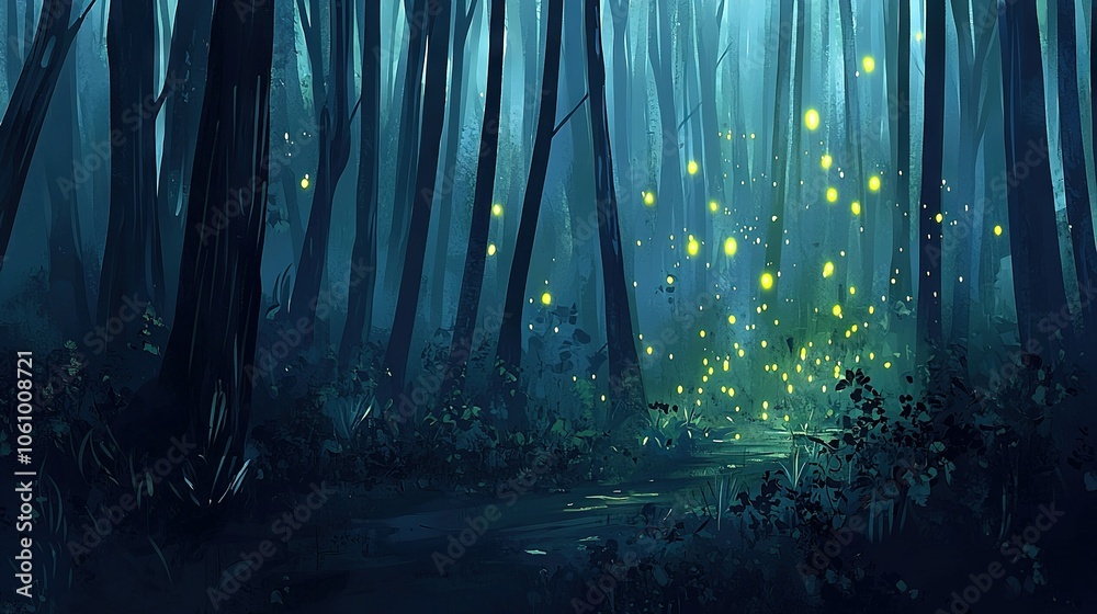 A forest filled with numerous fireflies surrounds a lush green space with towering trees A forest filled with numerous fireflies surrounds a lush green space with towering trees