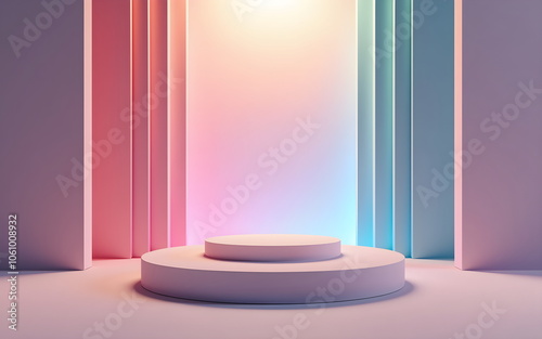 A pastel circular podium with vibrant pink and blue gradient tones,illuminated by soft,diffused light. Clean, modern aesthetic, vibrant colors, and minimalistic design, scene for products.