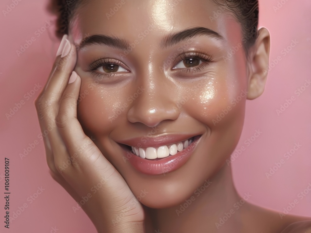 Smiling woman with radiant skin in a close-up portrait, hand on her cheek, conveying warmth, beauty, and freshness. Generative AI Smiling woman with radiant skin in a close-up portrait, hand on her cheek, conveying warmth, beauty, and freshness. Generative AI