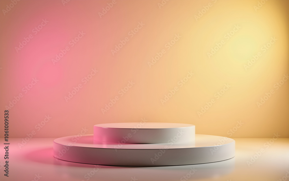 A pastel circular podium with yellow, pink, red and peach gradient tones,illuminated by soft,diffused light. Clean, modern aesthetic, vibrant colors, and minimalistic design, scene for products. A pastel circular podium with yellow, pink, red and peach gradient tones,illuminated by soft,diffused light. Clean, modern aesthetic, vibrant colors, and minimalistic design, scene for products.