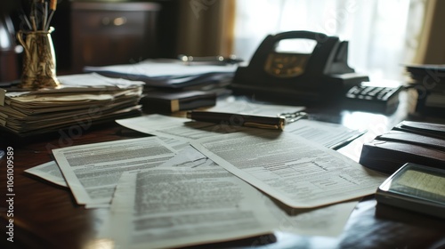 Professional office scene with detailed documents on loan approval, credit scores, and interest rates arranged on a clean desk, capturing the financial steps for a mortgage