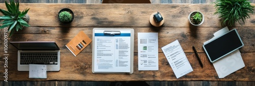 Office table setup with property loan documents, credit score printout, and a miniature house, representing the path to affordable home financing