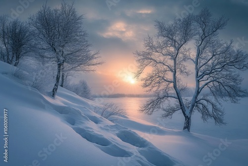 A winter sunrise casting soft blue and gray hues over a snowy landscape, illuminating the scene with a calm, serene light. photo